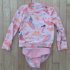 2 Swimsuits w/ rash guards.  Mermaids and Lemons.  Cat & Jack and Carters. 2T.